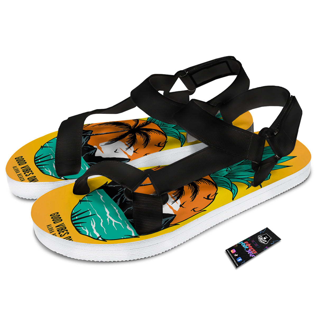 Yellow Pineapple Aloha Tropical Island Print Black Open Toe Sandals-grizzshop