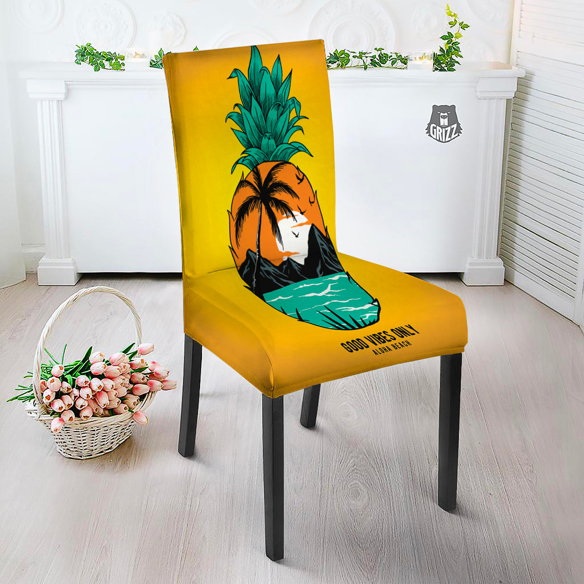 Yellow Pineapple Aloha Tropical Island Print Dining Chair Slipcover-grizzshop