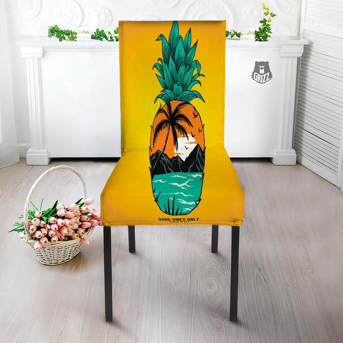 Yellow Pineapple Aloha Tropical Island Print Dining Chair Slipcover-grizzshop