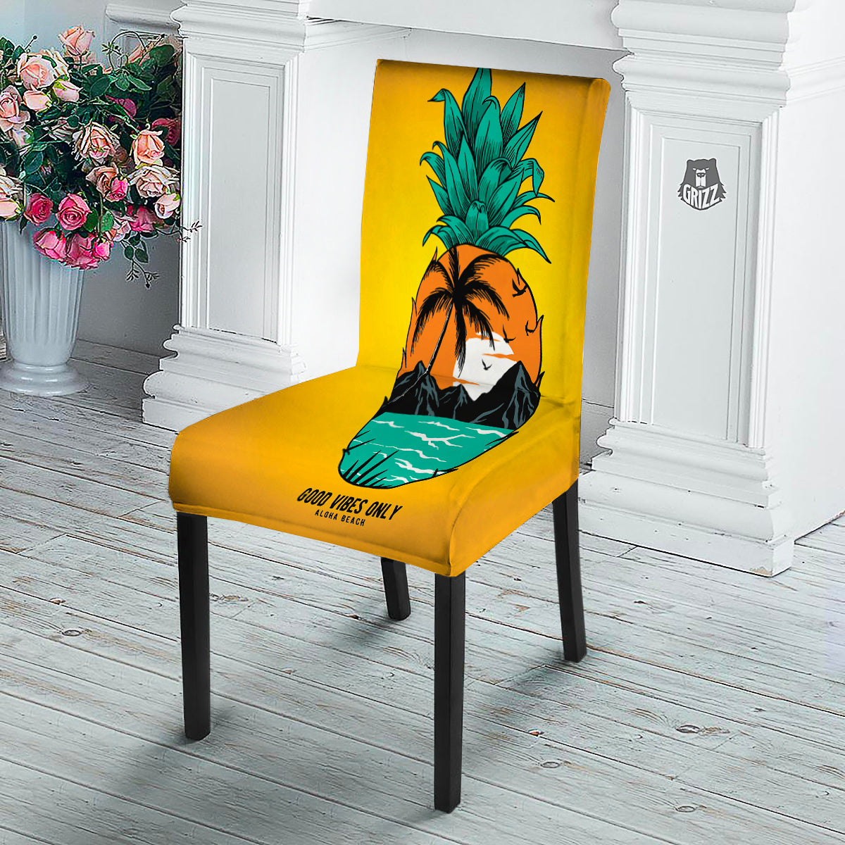 Yellow Pineapple Aloha Tropical Island Print Dining Chair Slipcover-grizzshop