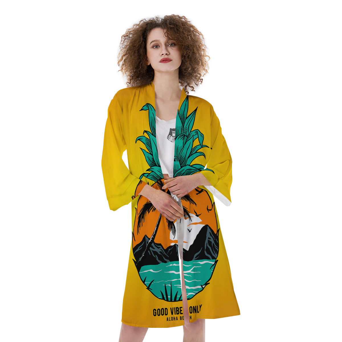 Yellow Pineapple Aloha Tropical Island Print Kimono-grizzshop