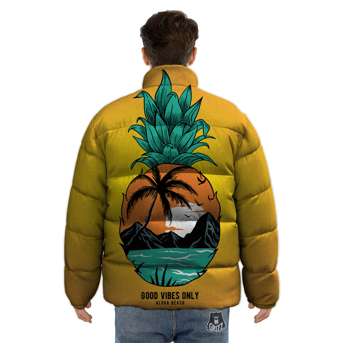 Yellow Pineapple Aloha Tropical Island Print Puffer Jacket-grizzshop