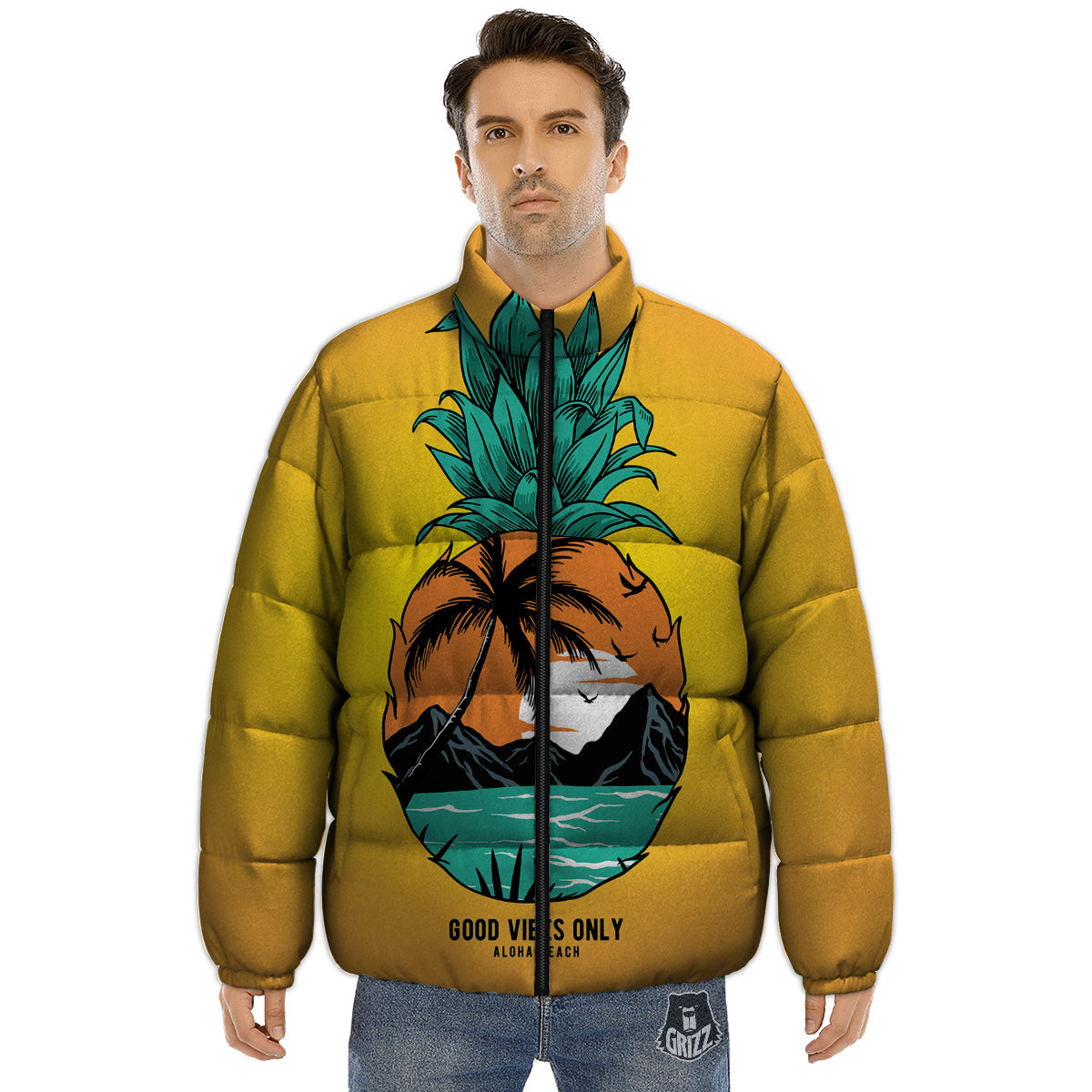 Yellow Pineapple Aloha Tropical Island Print Puffer Jacket-grizzshop