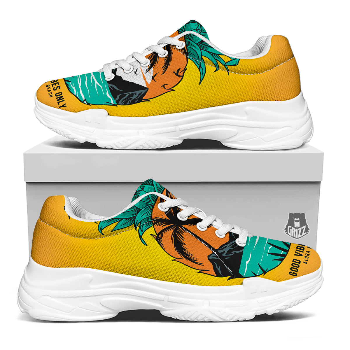 Yellow Pineapple Aloha Tropical Island Print White Chunky Shoes-grizzshop
