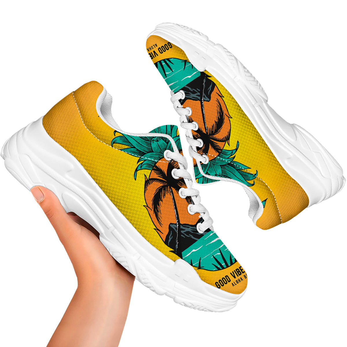 Yellow Pineapple Aloha Tropical Island Print White Chunky Shoes-grizzshop
