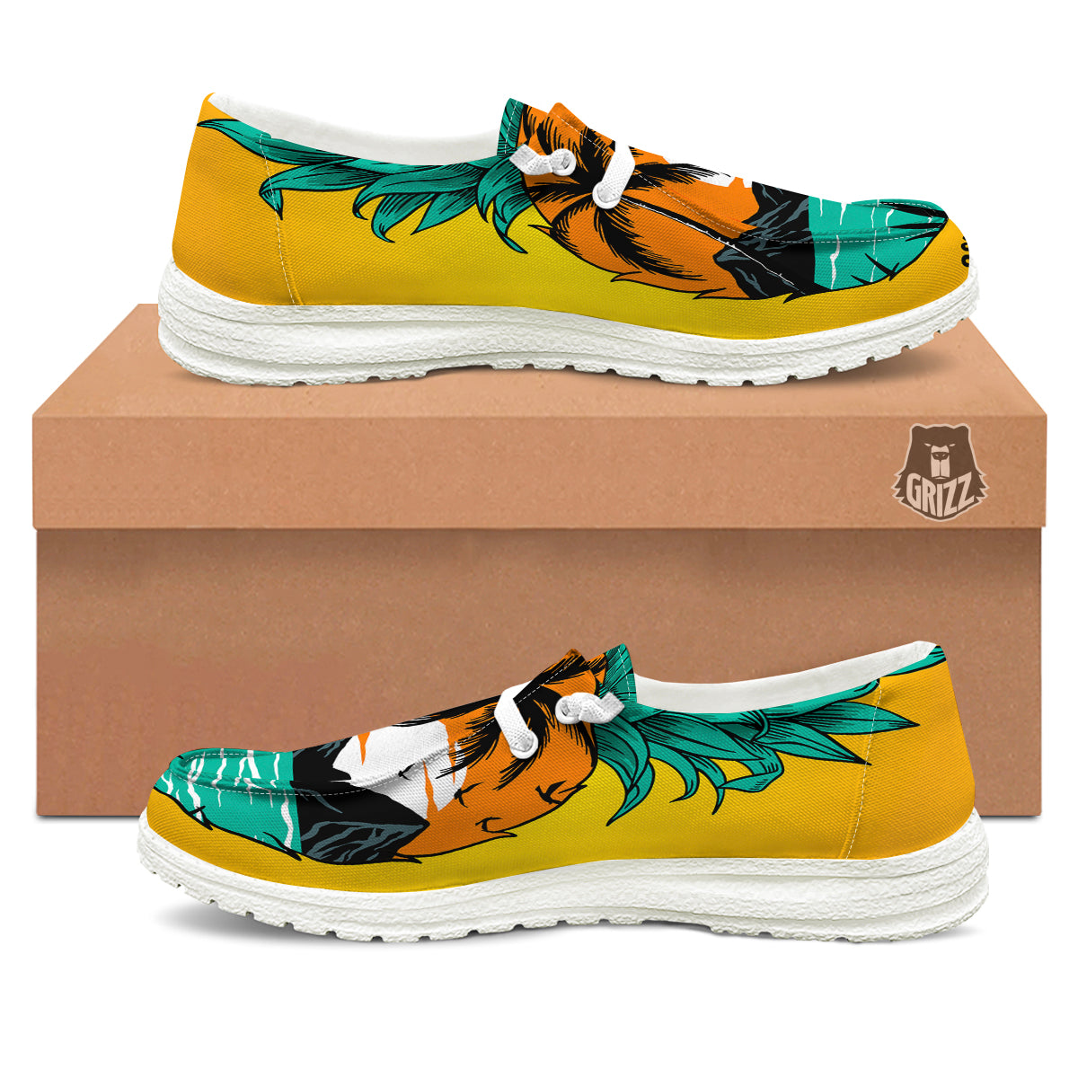 Yellow Pineapple Aloha Tropical Island Print White Loafers-grizzshop