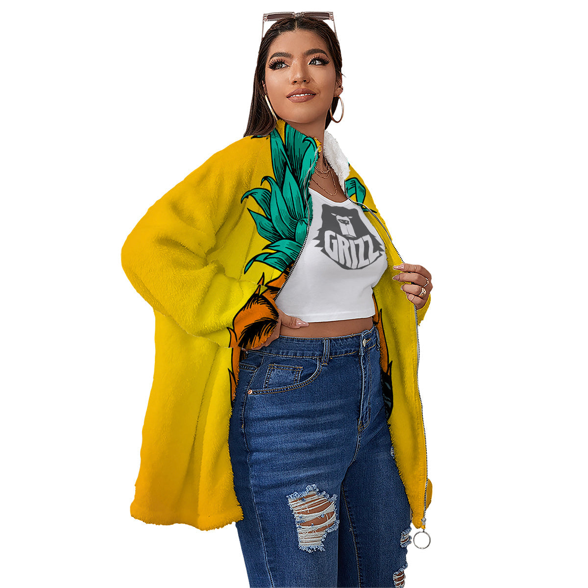 Yellow Pineapple Aloha Tropical Island Print Women's Sherpa Jacket-grizzshop