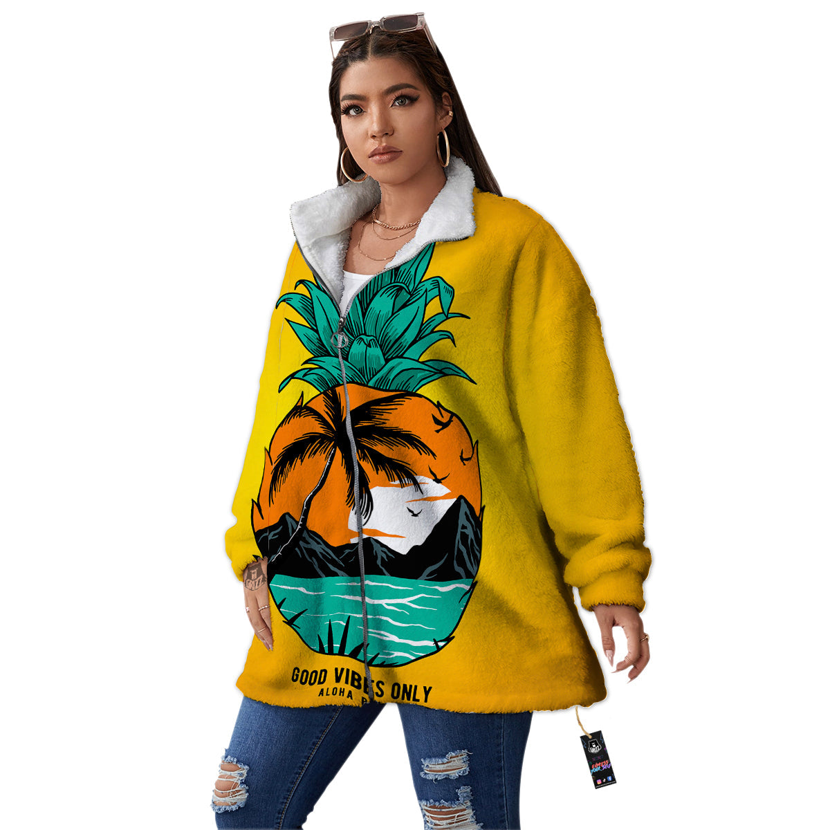 Yellow Pineapple Aloha Tropical Island Print Women's Sherpa Jacket-grizzshop