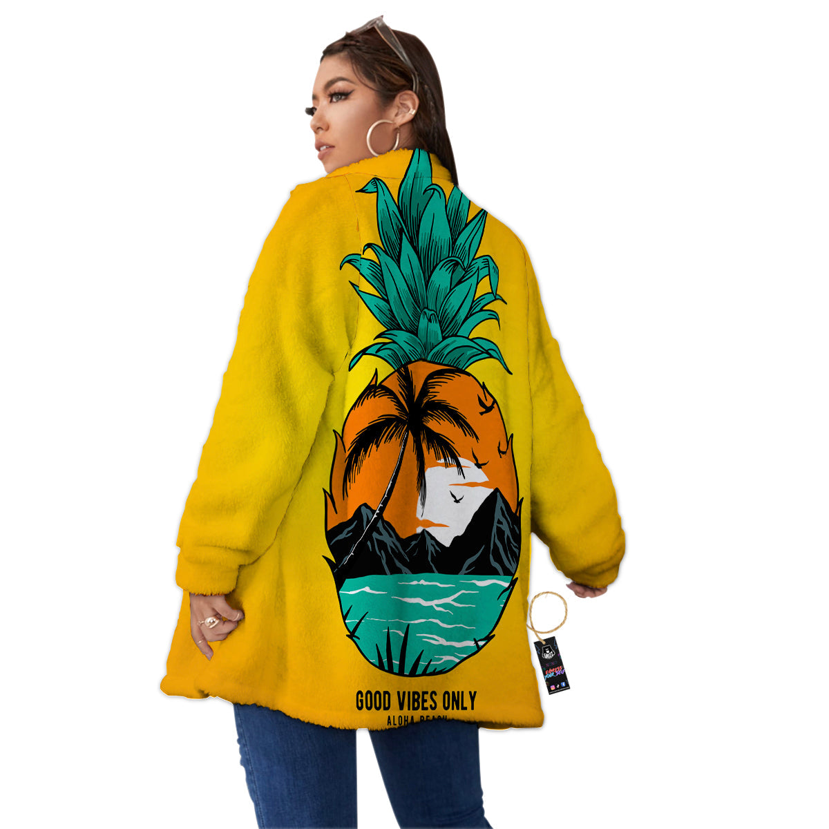 Yellow Pineapple Aloha Tropical Island Print Women's Sherpa Jacket-grizzshop