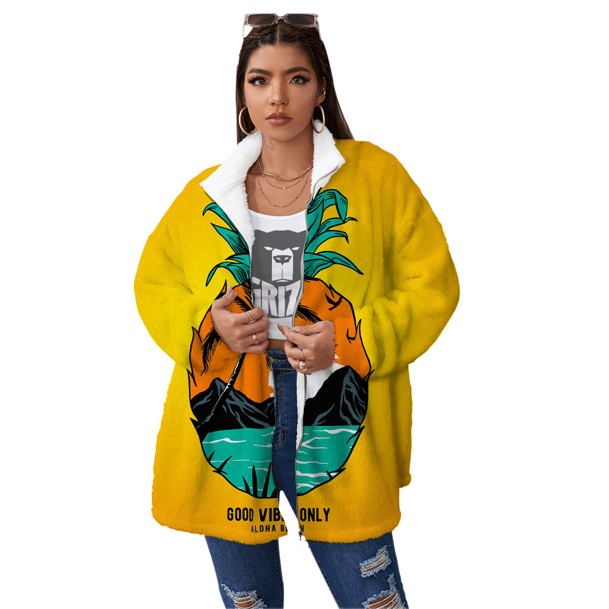 Yellow Pineapple Aloha Tropical Island Print Women's Sherpa Jacket-grizzshop