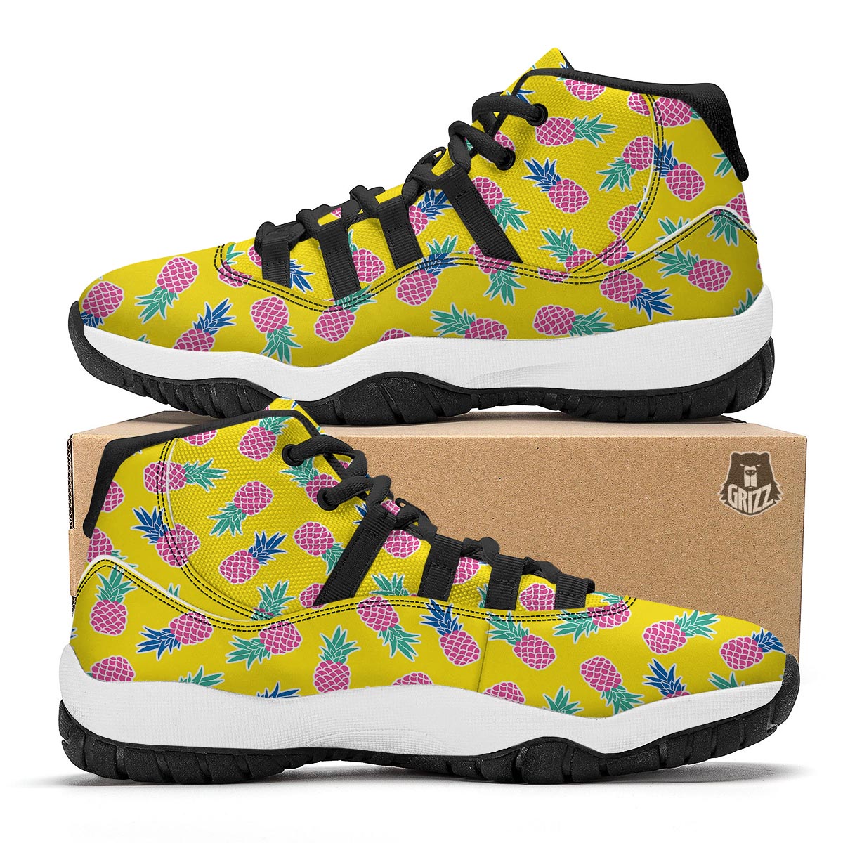 Yellow Purple Pineapple Print Black Bball Shoes-grizzshop