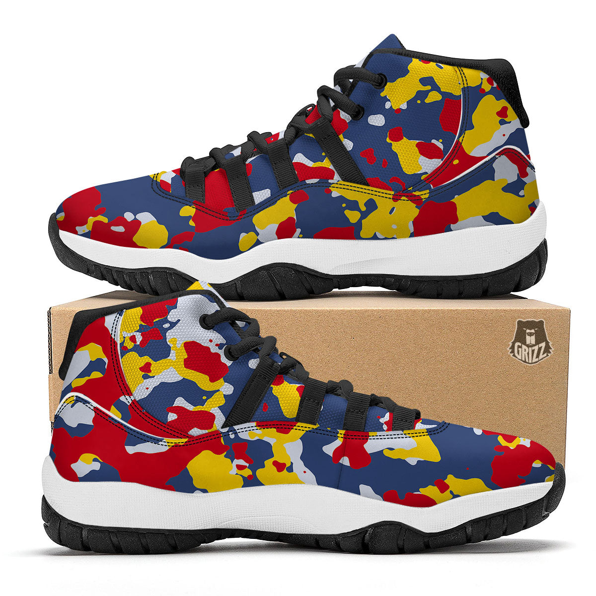 Yellow Red And Blue Camouflage Print Black Bball Shoes-grizzshop