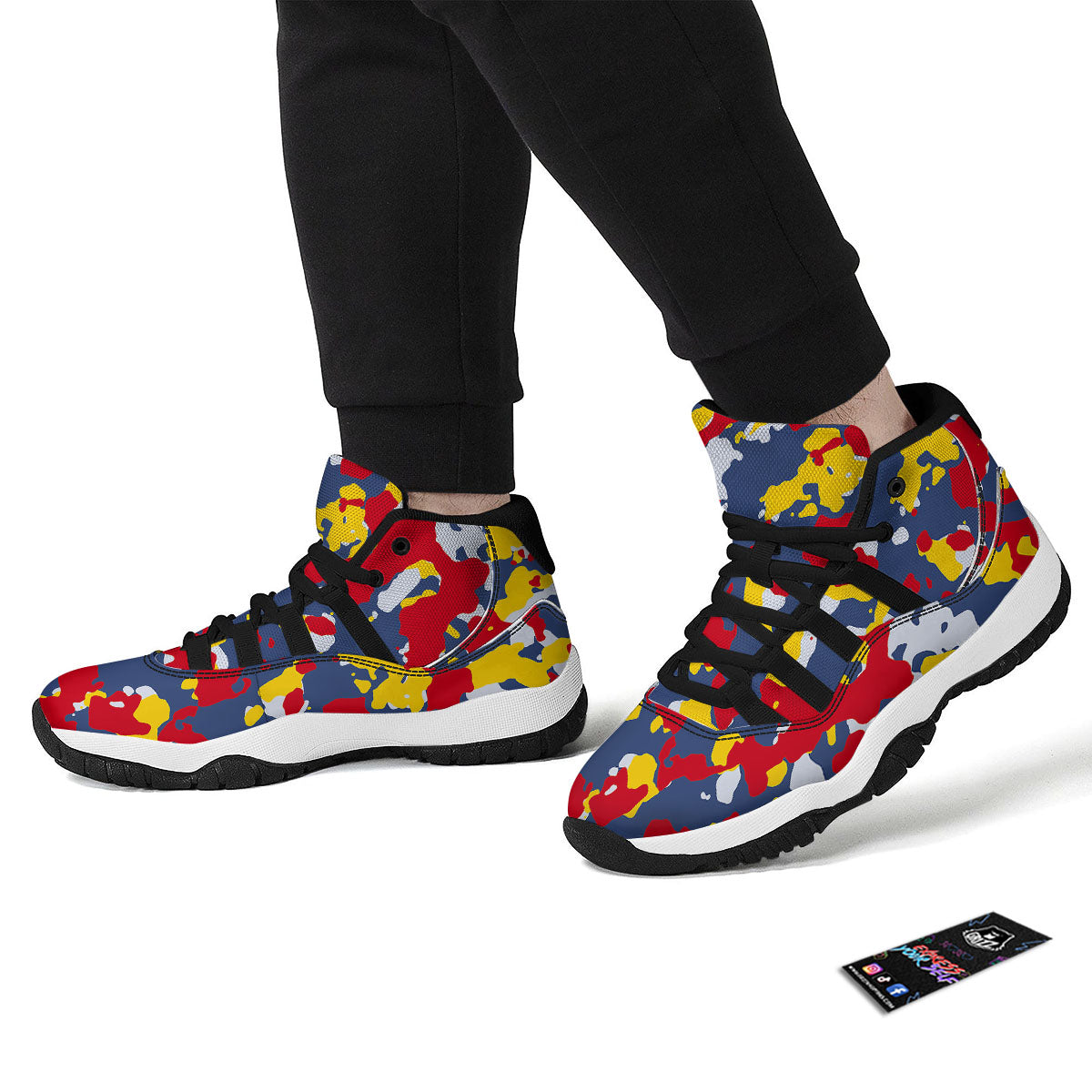 Yellow Red And Blue Camouflage Print Black Bball Shoes-grizzshop