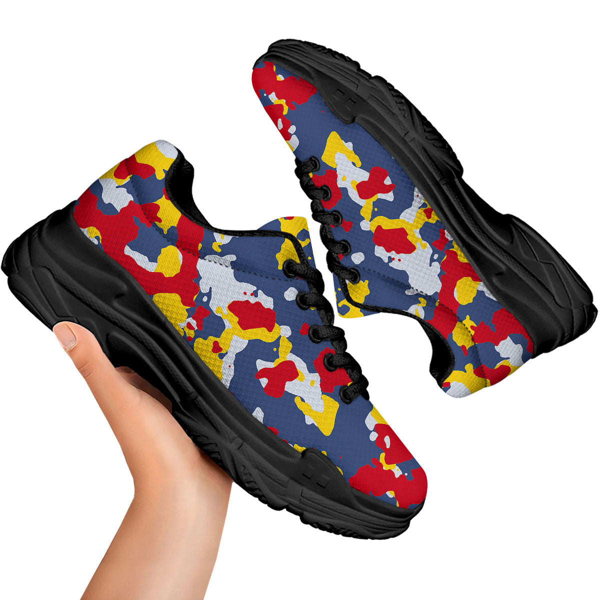 Yellow Red And Blue Camouflage Print Black Chunky Shoes-grizzshop