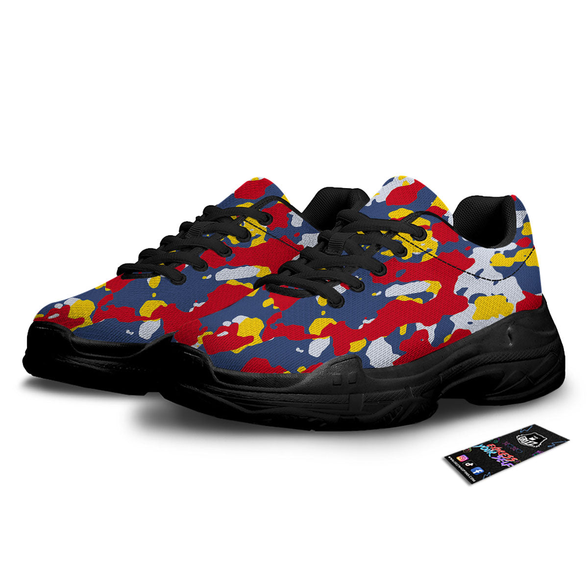 Yellow Red And Blue Camouflage Print Black Chunky Shoes-grizzshop