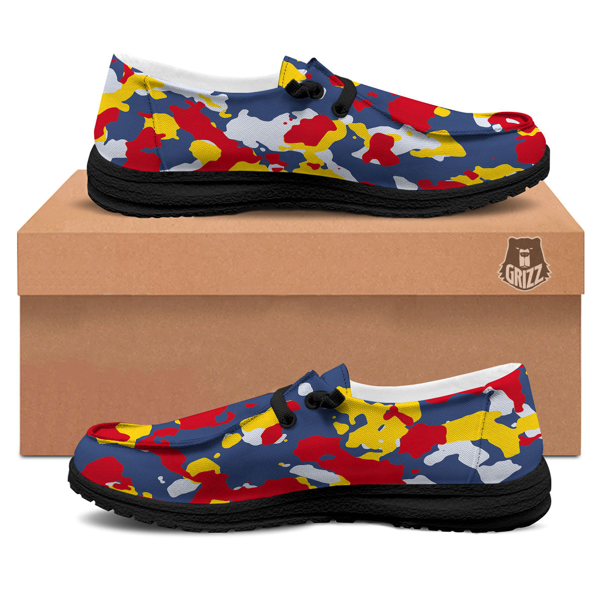 Yellow Red And Blue Camouflage Print Black Loafers-grizzshop