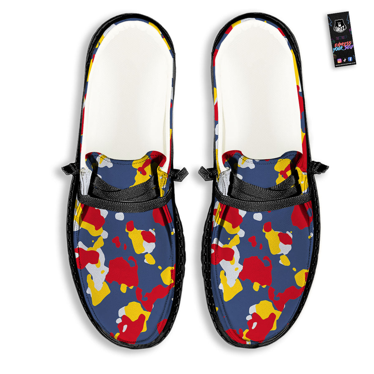 Yellow Red And Blue Camouflage Print Black Loafers-grizzshop