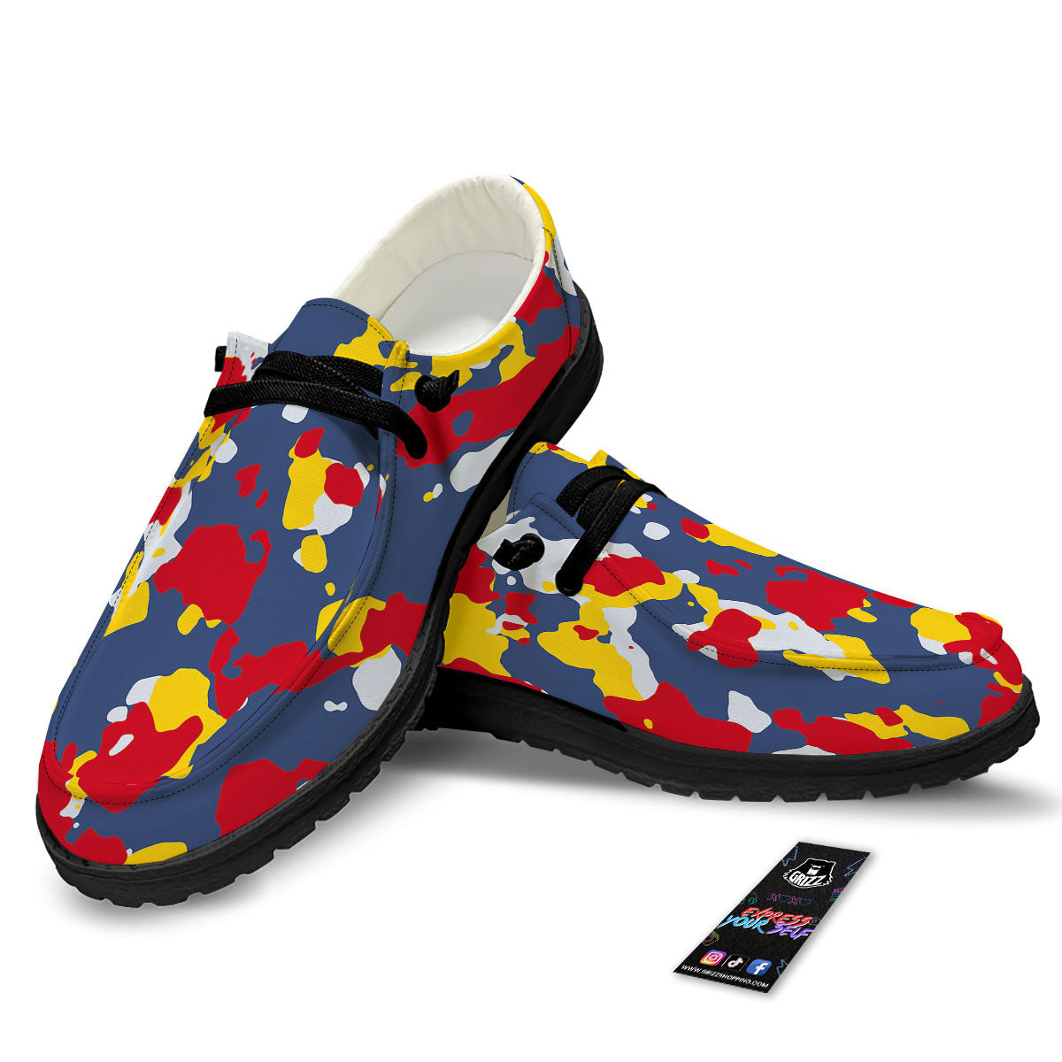 Yellow Red And Blue Camouflage Print Black Loafers-grizzshop