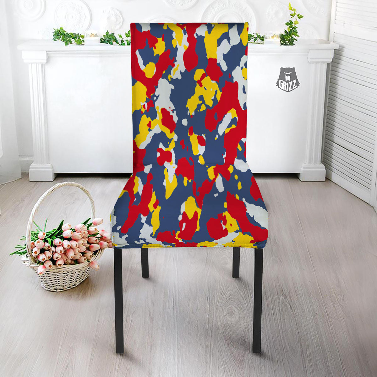 Yellow Red And Blue Camouflage Print Dining Chair Slipcover-grizzshop