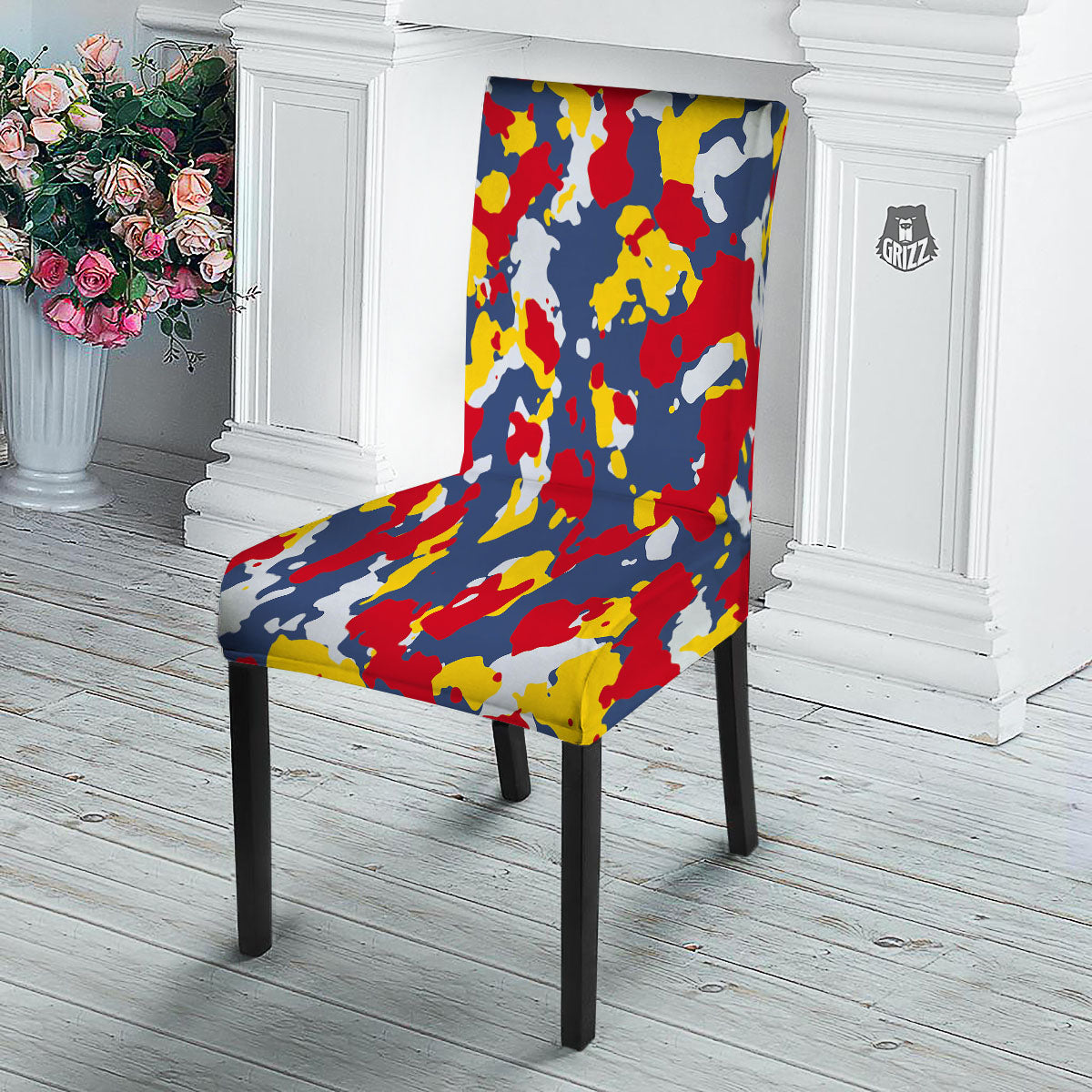 Yellow Red And Blue Camouflage Print Dining Chair Slipcover-grizzshop
