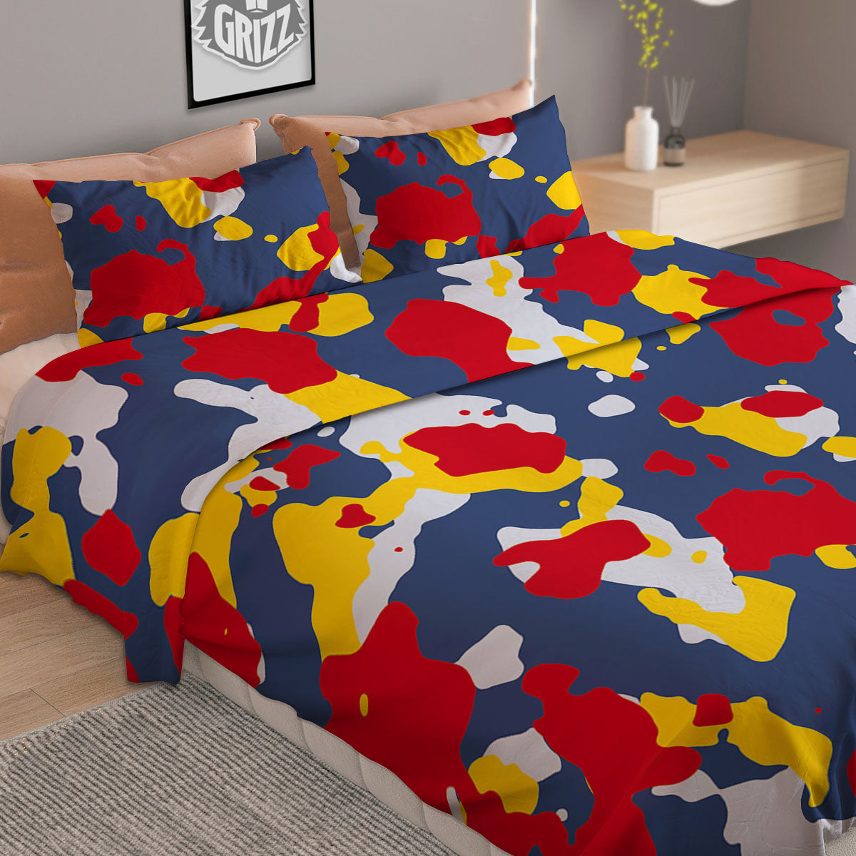 Yellow Red And Blue Camouflage Print Duvet Cover Bedding Set