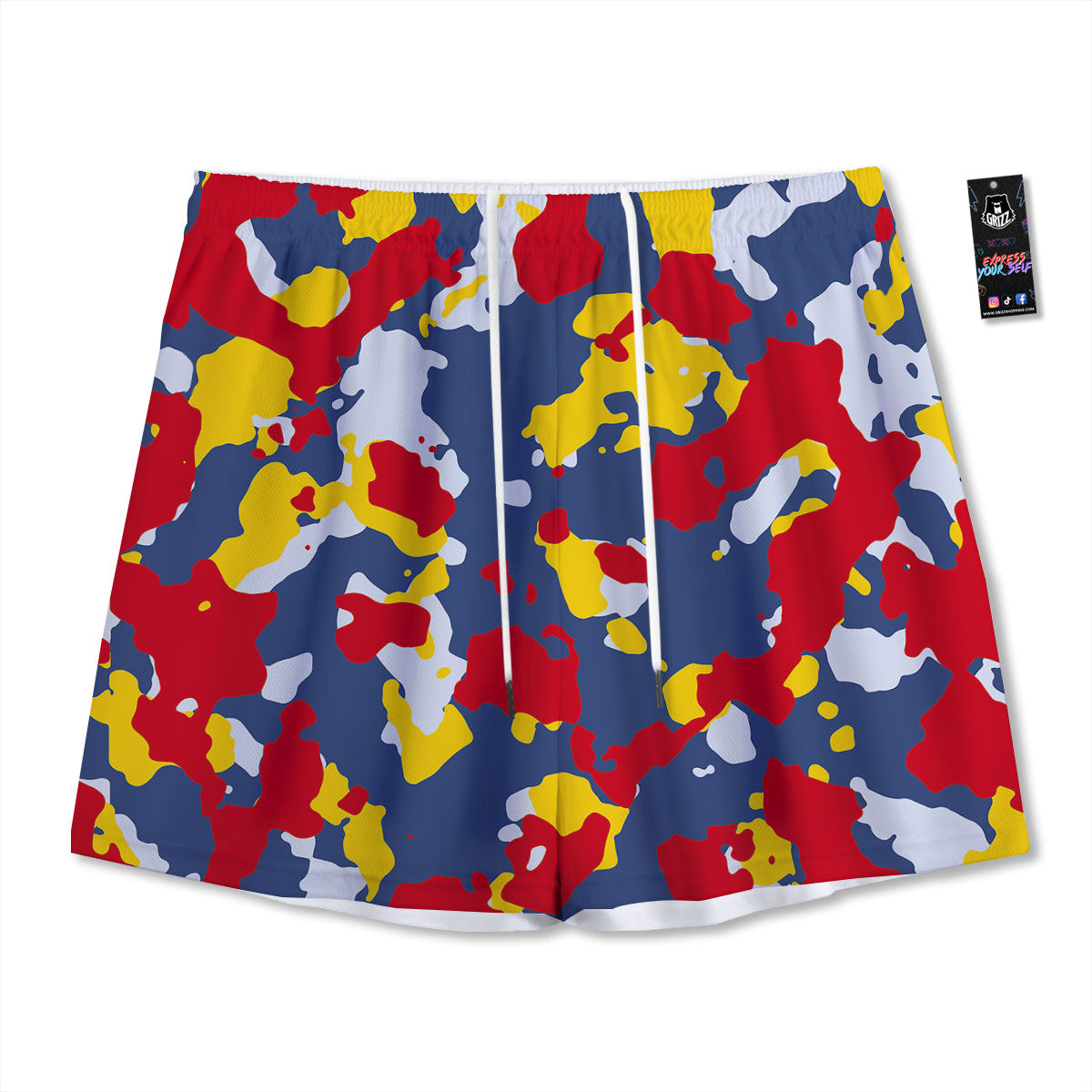 Yellow Red And Blue Camouflage Print Mesh Shorts