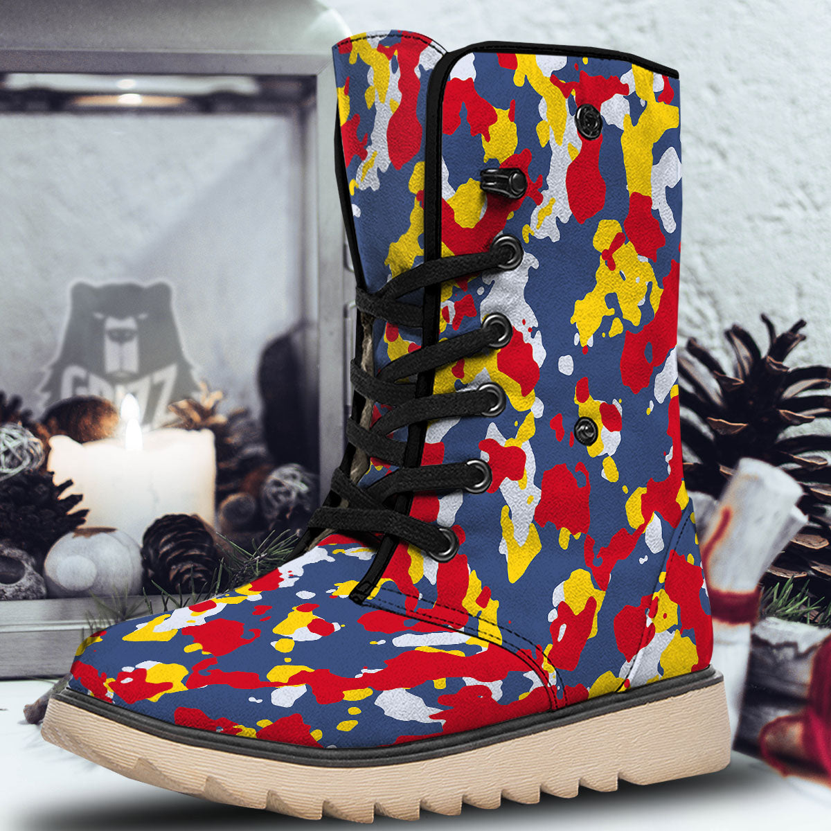 Yellow Red And Blue Camouflage Print Snow Boots-grizzshop