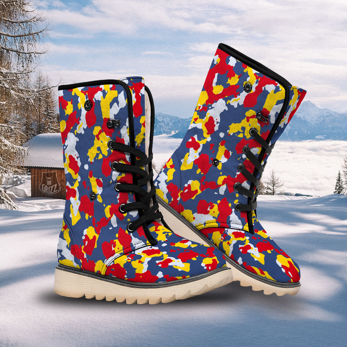 Yellow Red And Blue Camouflage Print Snow Boots-grizzshop