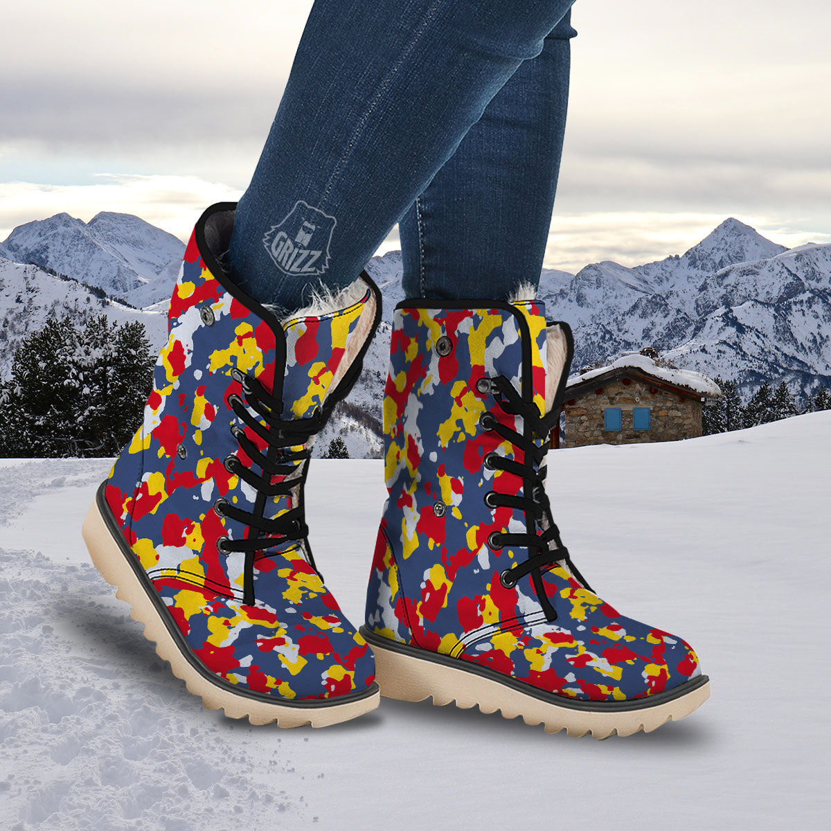 Yellow Red And Blue Camouflage Print Snow Boots-grizzshop