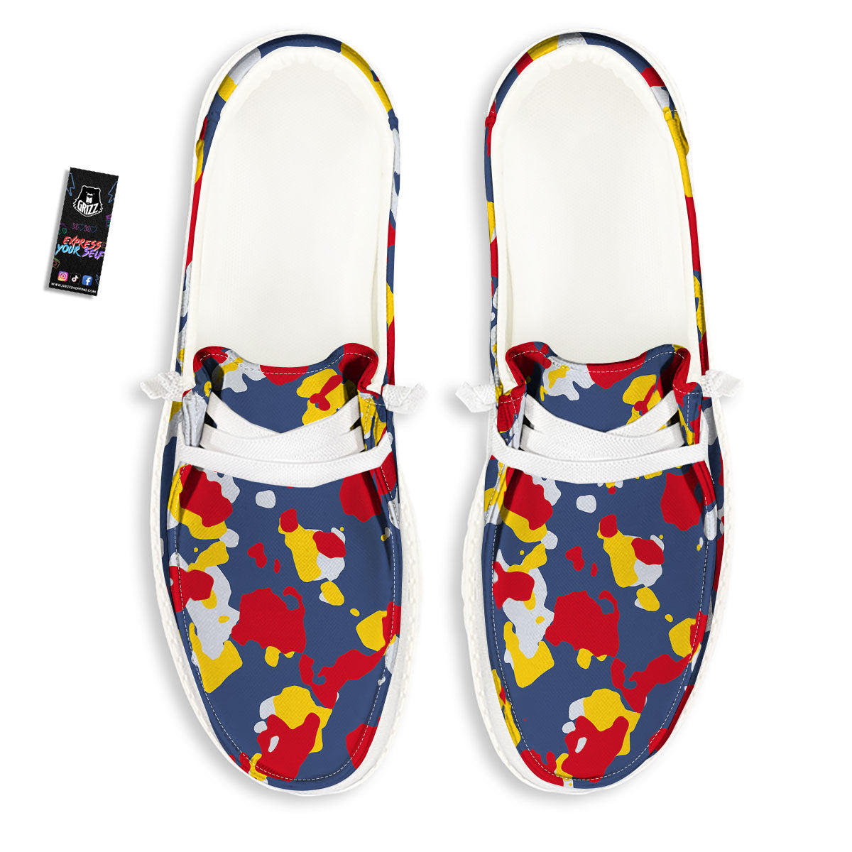 Yellow Red And Blue Camouflage Print White Loafers-grizzshop