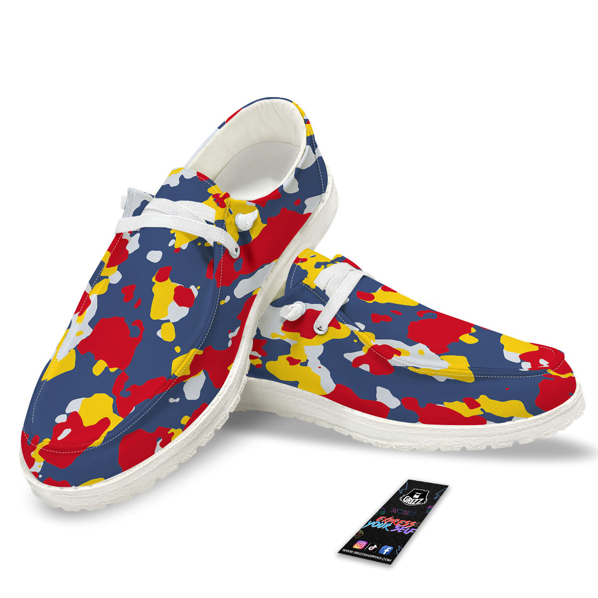 Yellow Red And Blue Camouflage Print White Loafers-grizzshop