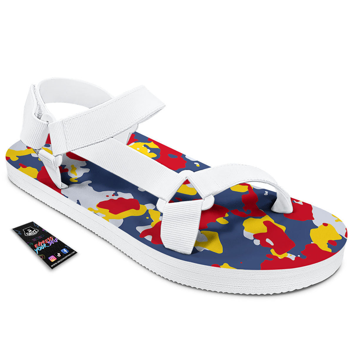 Yellow Red And Blue Camouflage Print White Open Toe Sandals-grizzshop