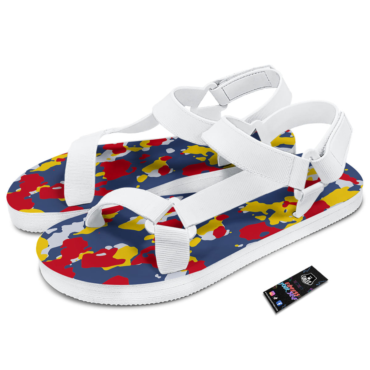 Yellow Red And Blue Camouflage Print White Open Toe Sandals-grizzshop