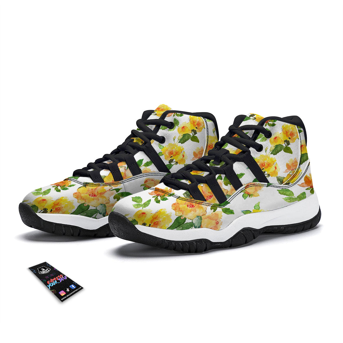 Yellow Rose Watercolor Print Pattern Black Bball Shoes-grizzshop