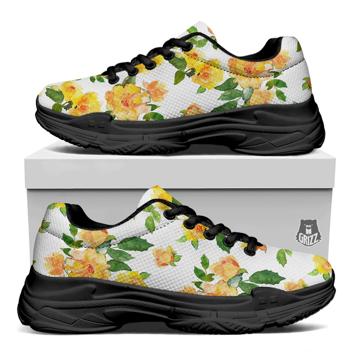 Yellow Rose Watercolor Print Pattern Black Chunky Shoes-grizzshop