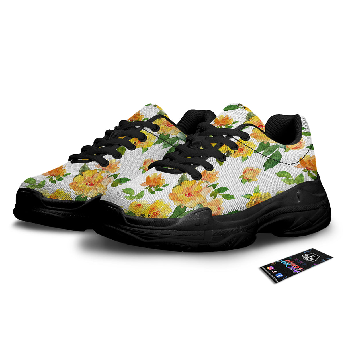 Yellow Rose Watercolor Print Pattern Black Chunky Shoes-grizzshop
