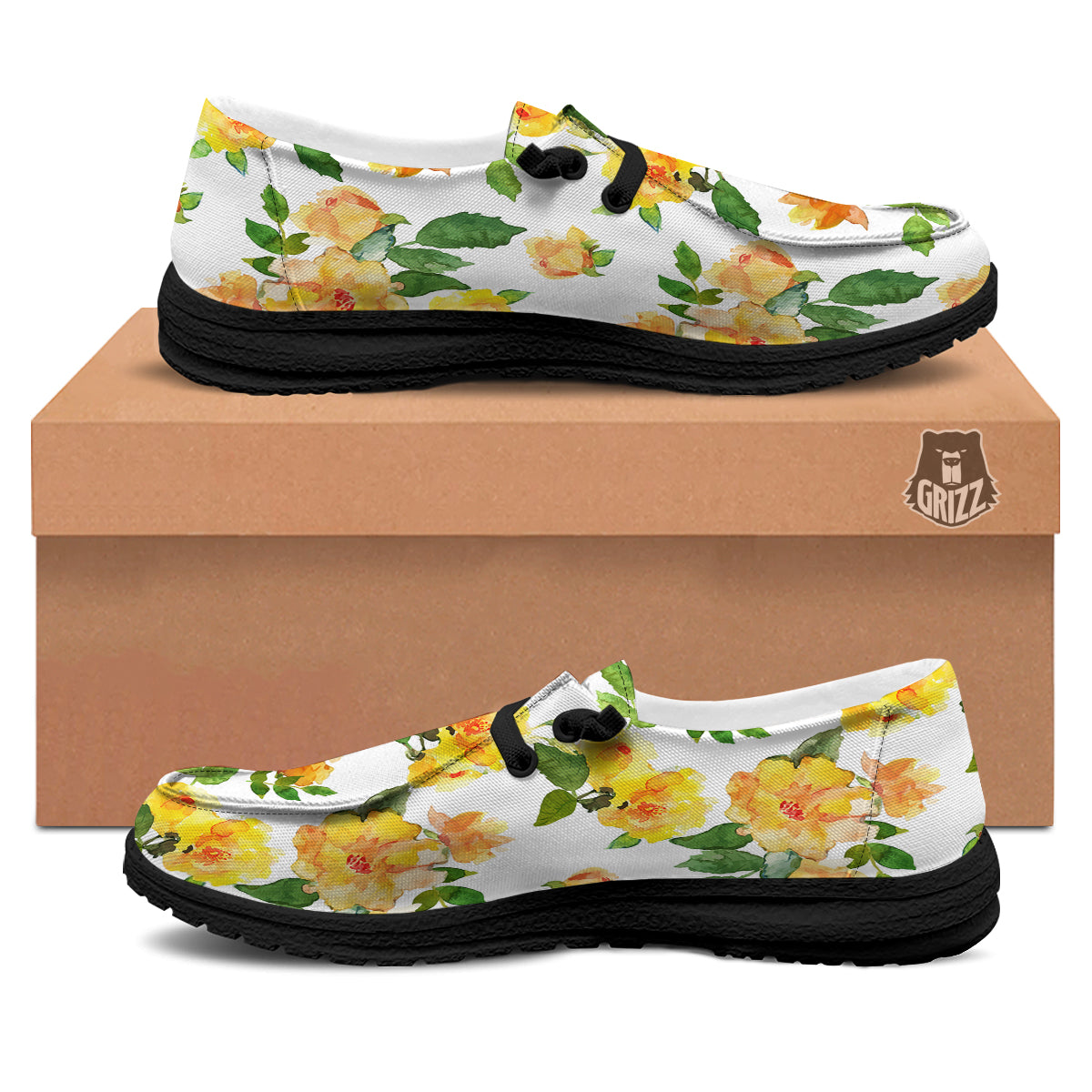 Yellow Rose Watercolor Print Pattern Black Loafers-grizzshop