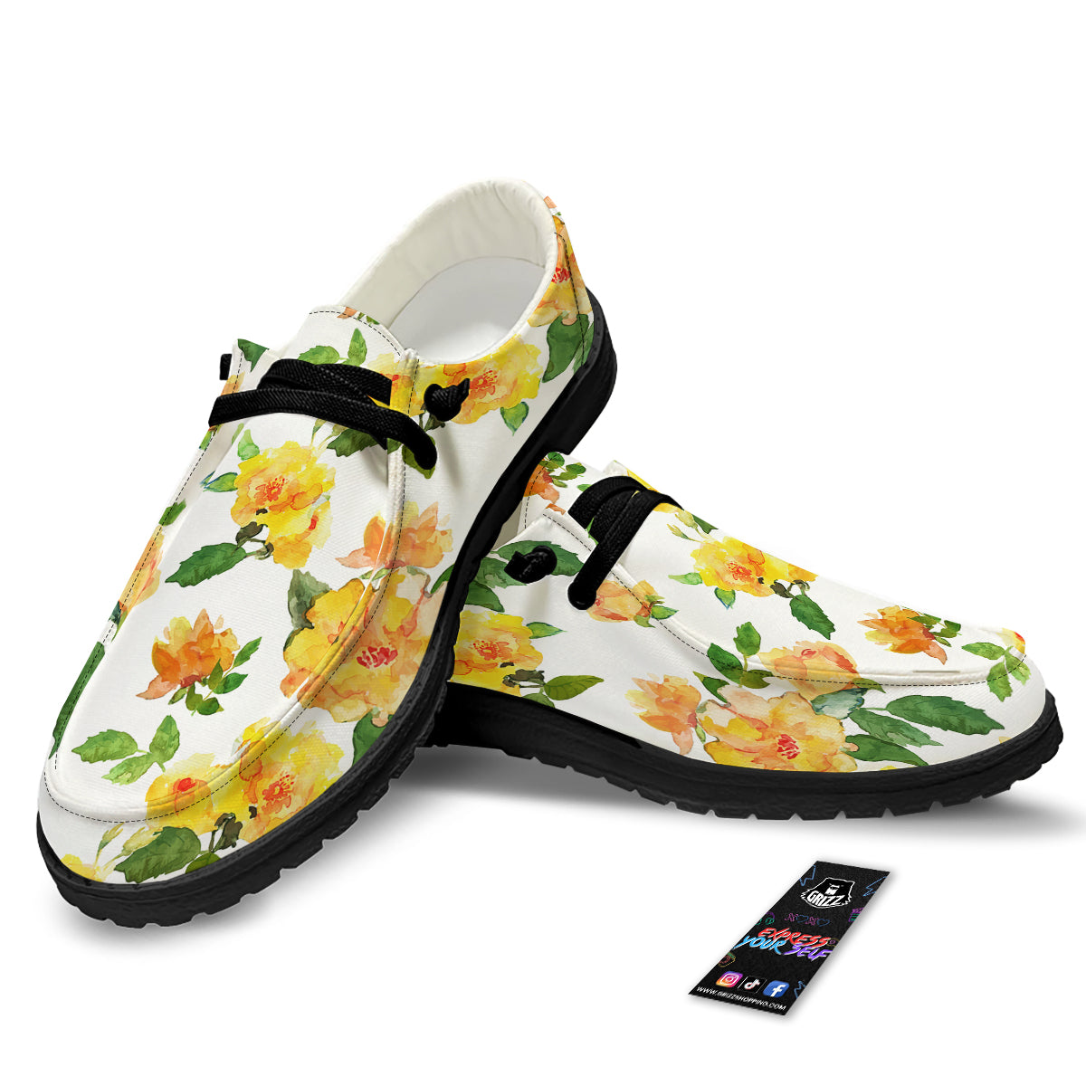 Yellow Rose Watercolor Print Pattern Black Loafers-grizzshop
