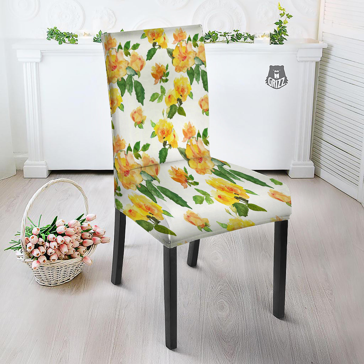 Yellow Rose Watercolor Print Pattern Dining Chair Slipcover-grizzshop