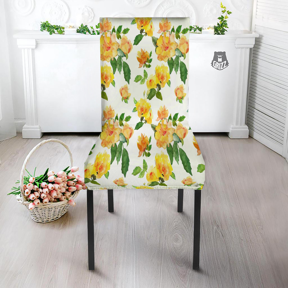 Yellow Rose Watercolor Print Pattern Dining Chair Slipcover-grizzshop