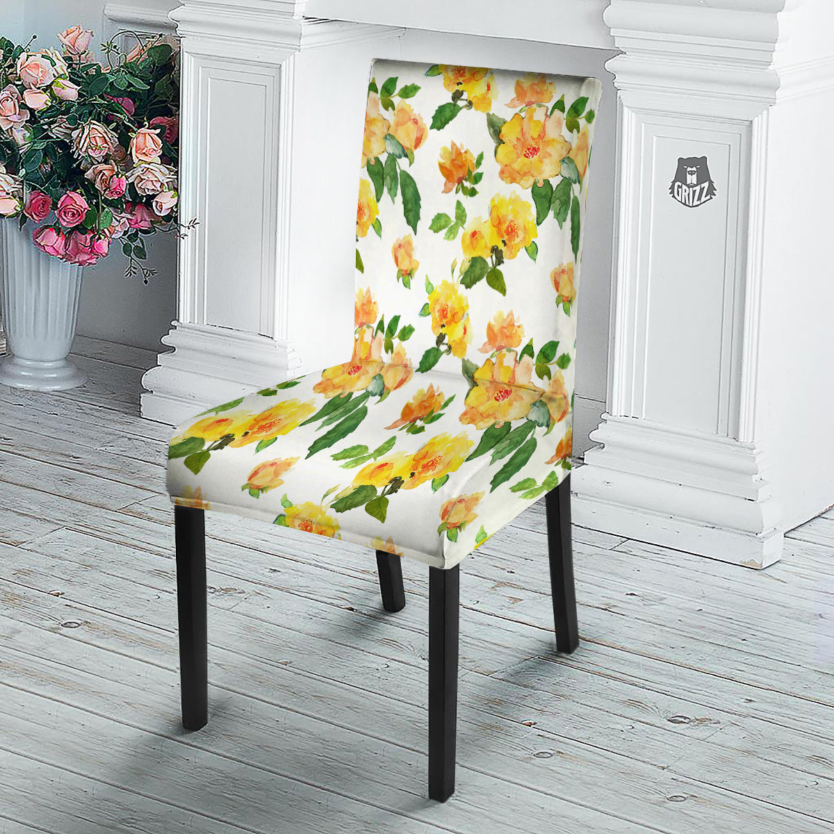 Yellow Rose Watercolor Print Pattern Dining Chair Slipcover-grizzshop