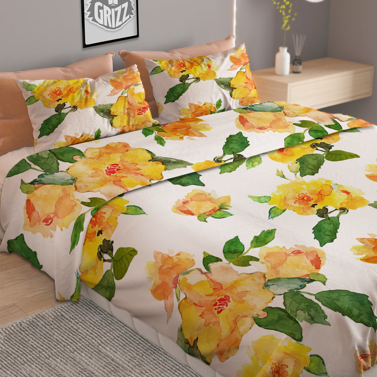 Yellow Rose Watercolor Print Pattern Duvet Cover Bedding Set