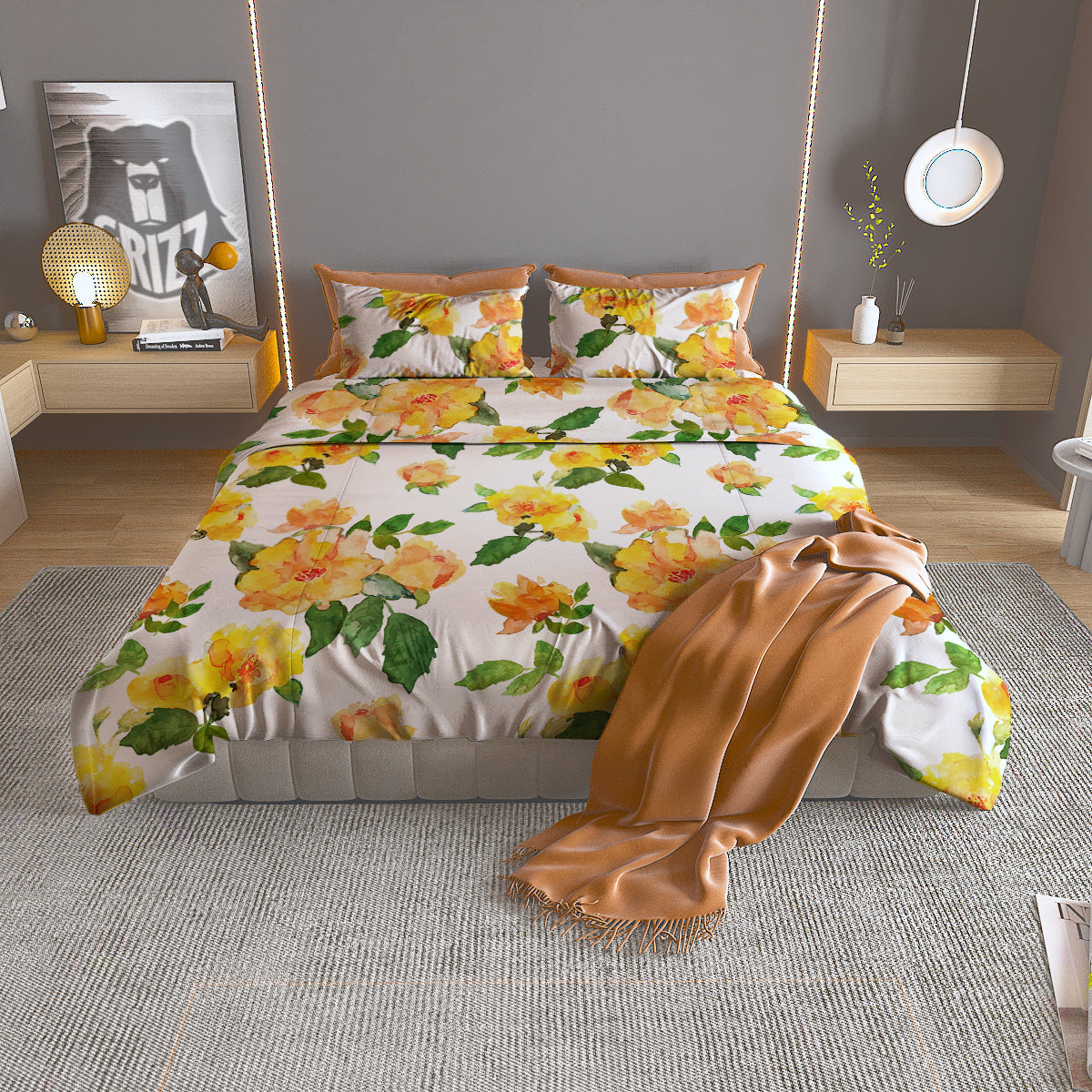 Yellow Rose Watercolor Print Pattern Duvet Cover Bedding Set