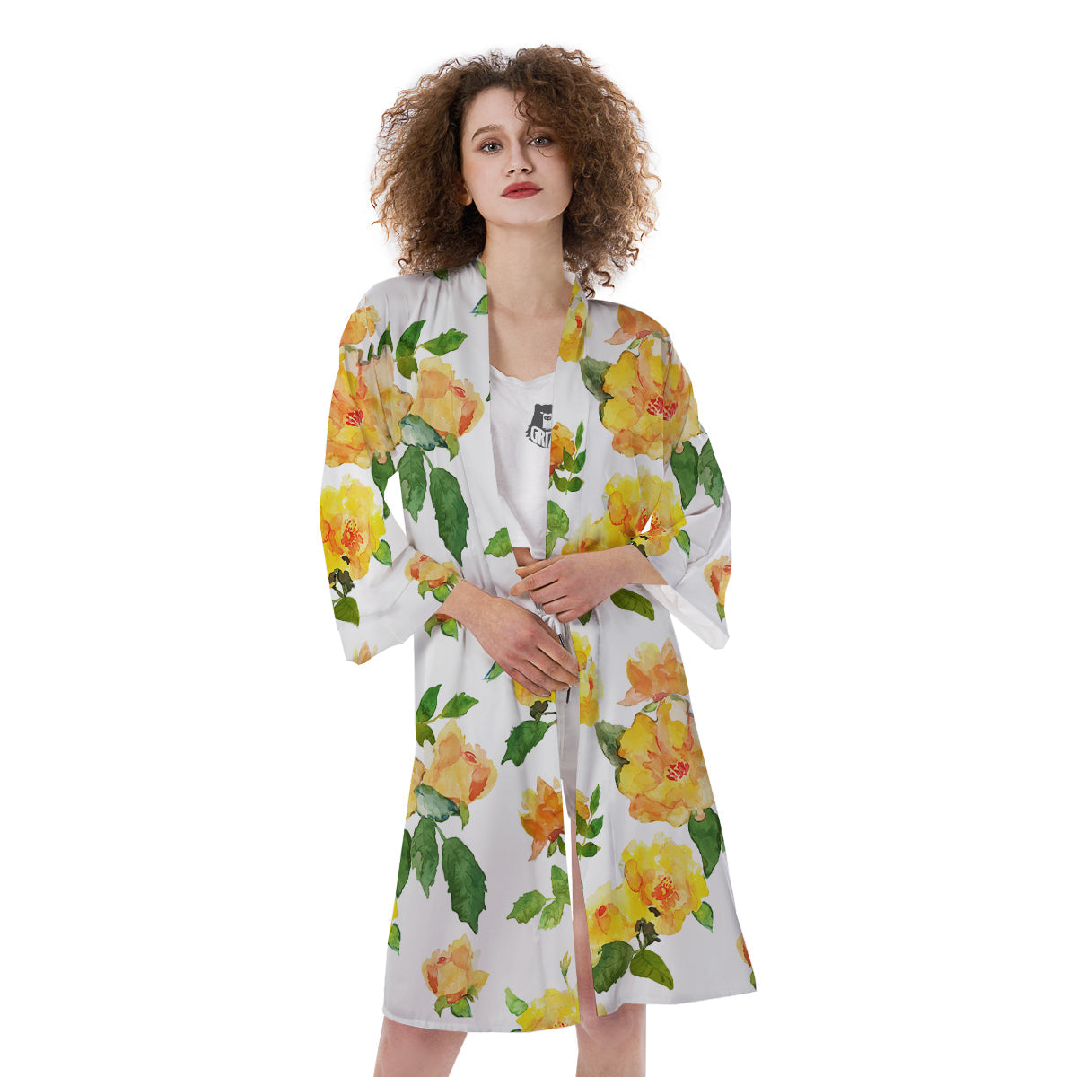 Yellow Rose Watercolor Print Pattern Kimono-grizzshop
