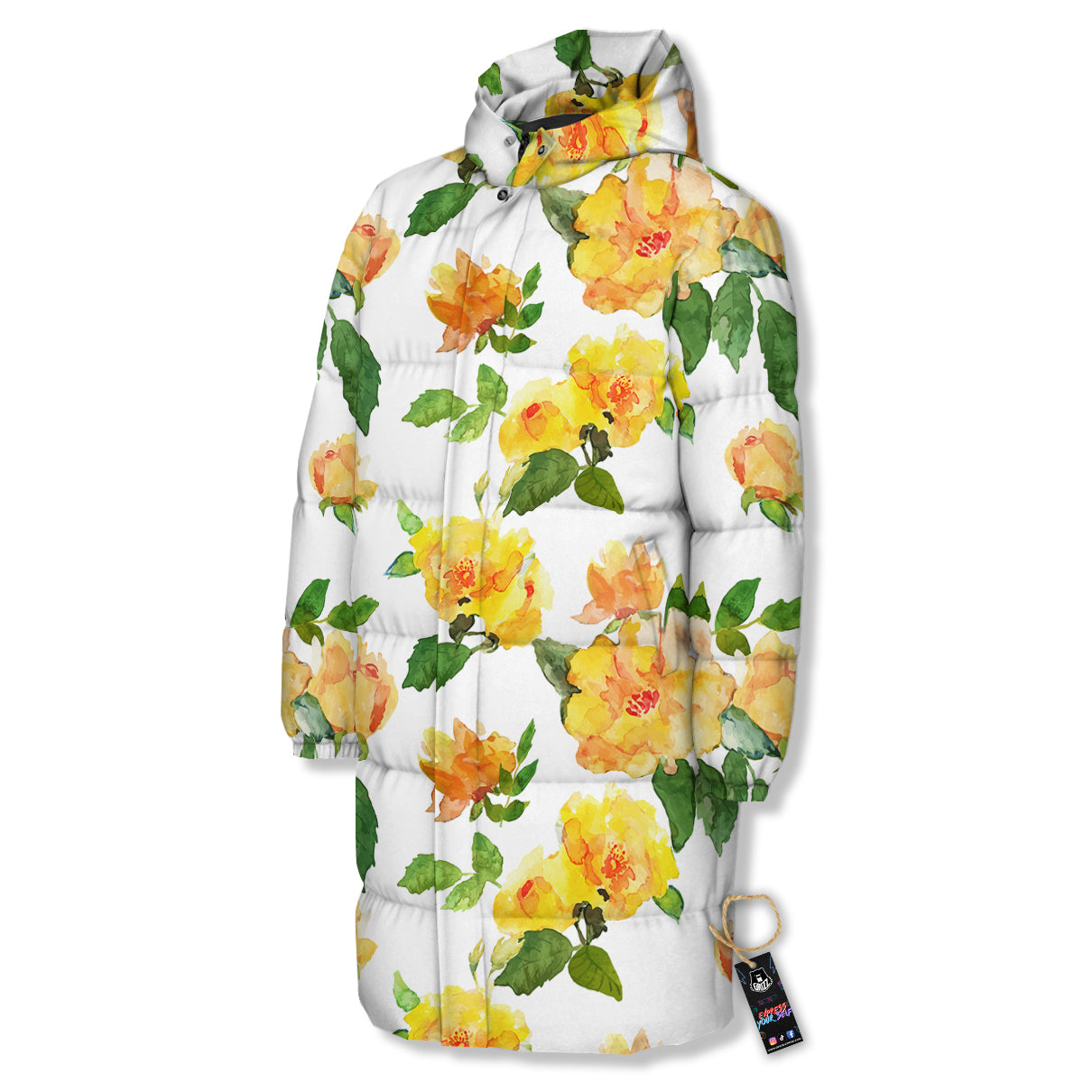 Yellow Rose Watercolor Print Pattern Long Down Jacket-grizzshop