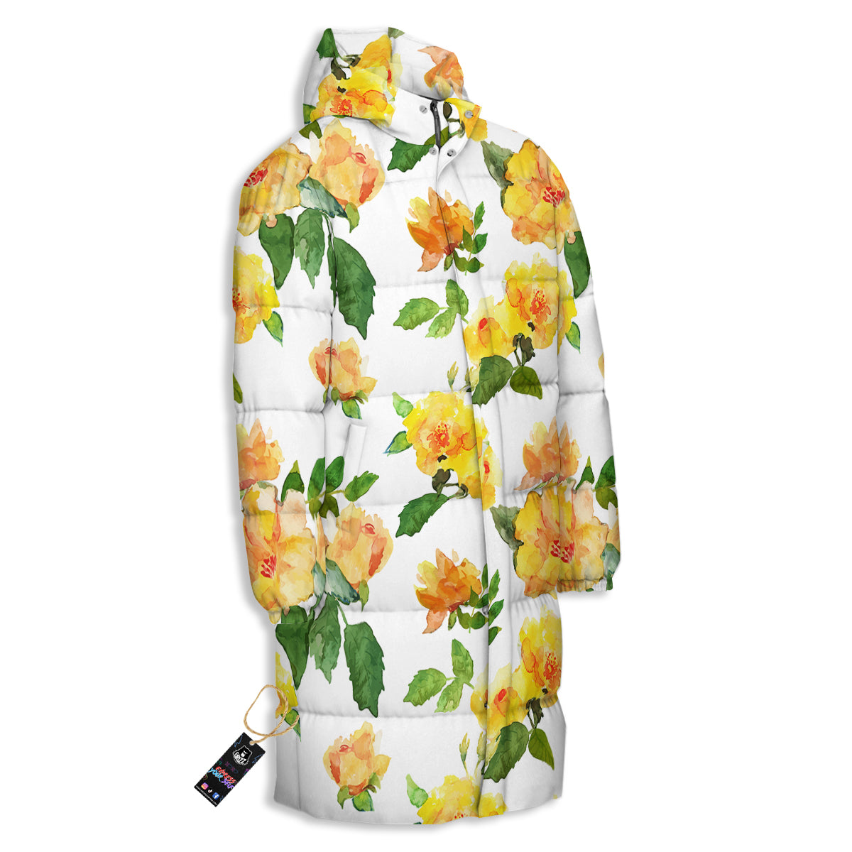 Yellow Rose Watercolor Print Pattern Long Down Jacket-grizzshop