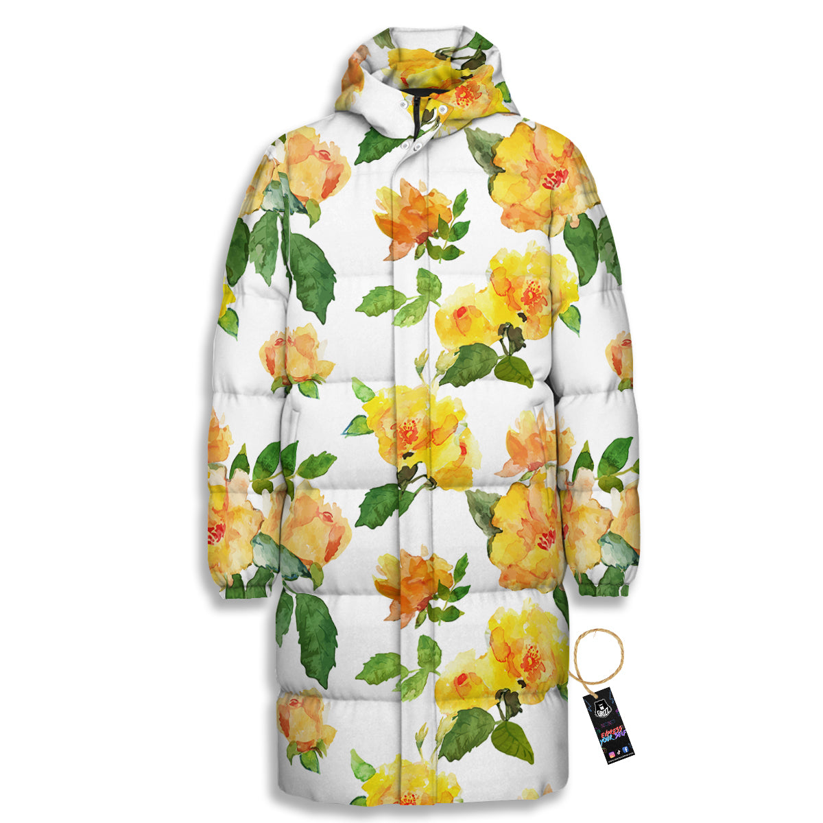 Yellow Rose Watercolor Print Pattern Long Down Jacket-grizzshop