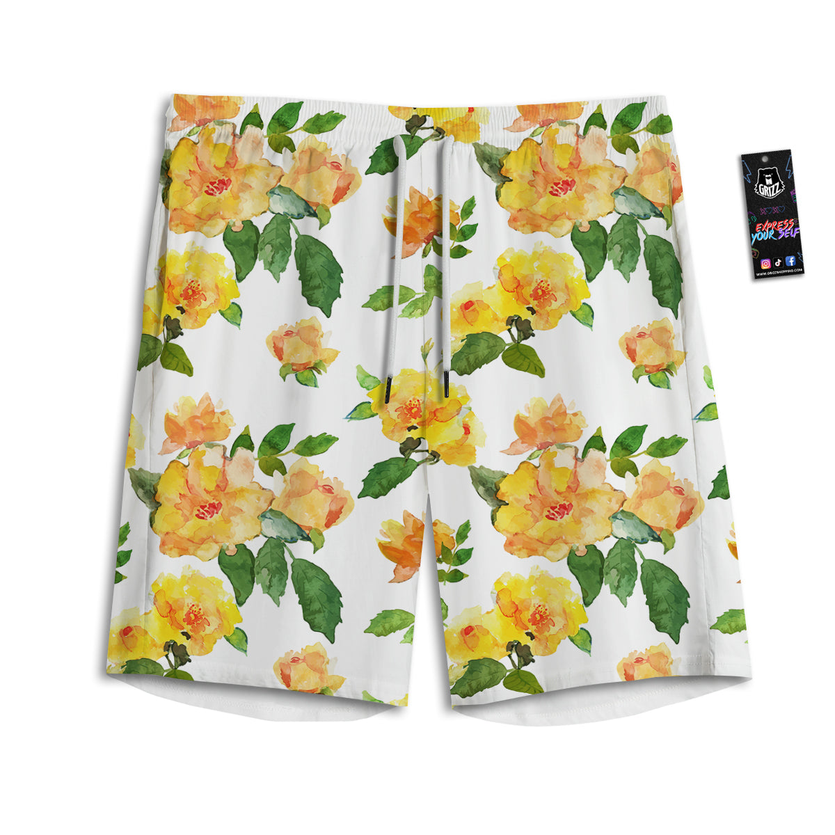 Yellow Rose Watercolor Print Pattern Men's Athletic Shorts