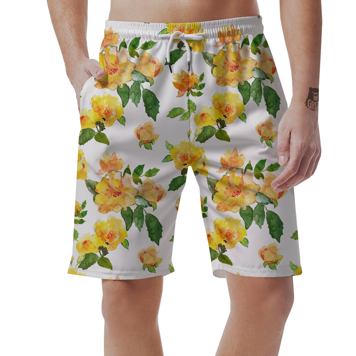 Yellow Rose Watercolor Print Pattern Men's Shorts-grizzshop