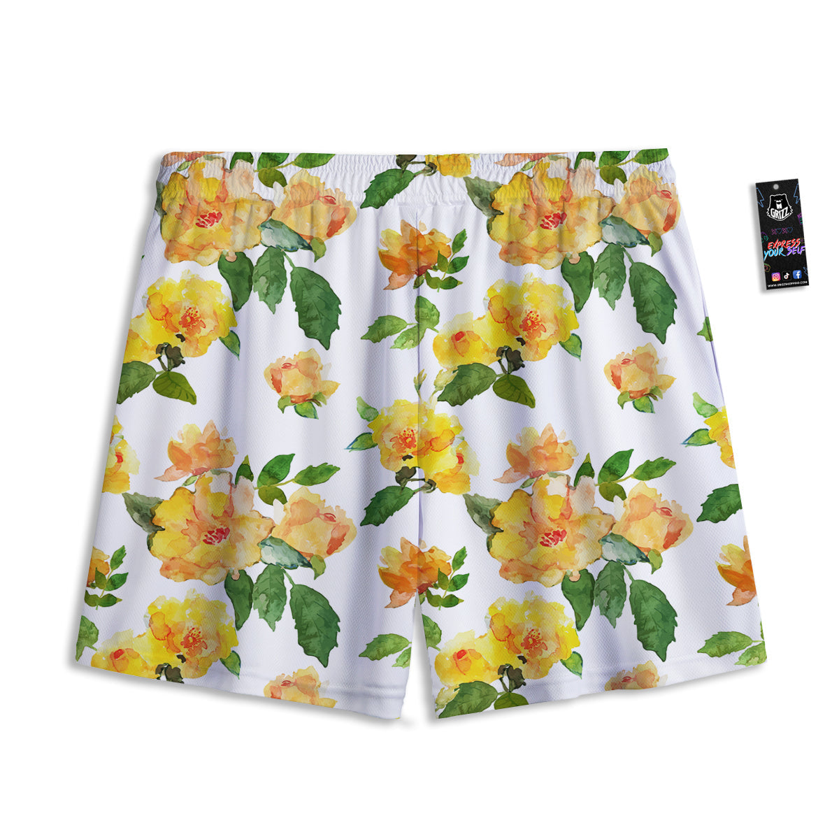 Yellow Rose Watercolor Print Pattern Mesh Shorts